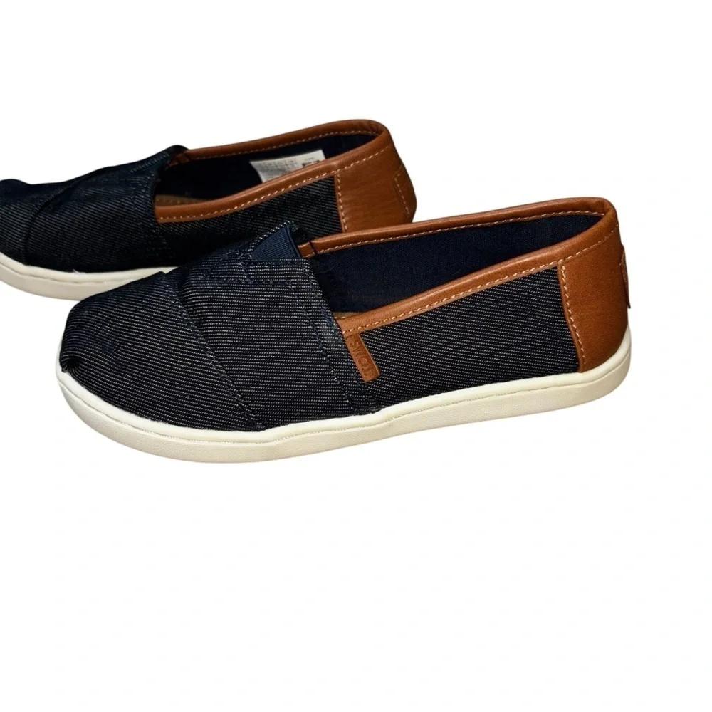 Toms Boys Size 12 Alpargata Slip on Shoes Denim Upper w. Leather Accents Blue